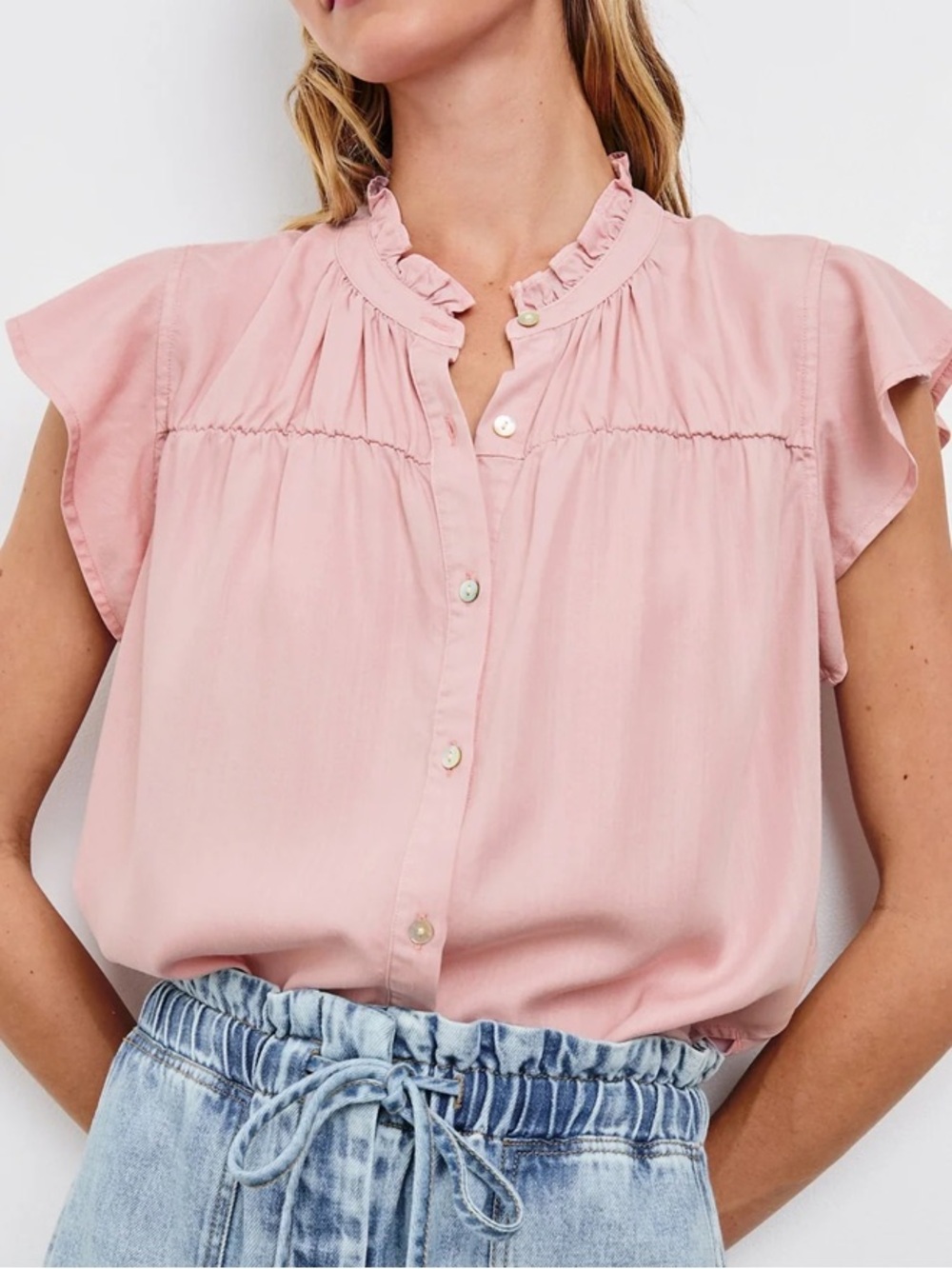 Rails "Ruthie" Pink Ruffle Flutter Sleeve Button-Down Top 100% Lyocell XS